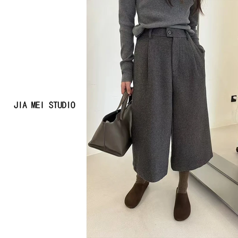 M022秋冬新款高腰显瘦百搭毛呢休闲裤女慵懒直筒阔腿百搭七分裤