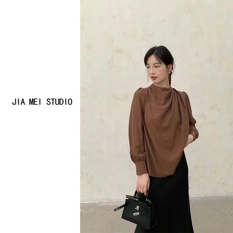 J008秋上新!优雅褶皱设计长袖小衫 韩系百塔宽松立领上衣气质网红