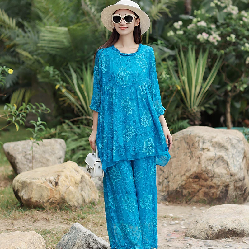 拜占庭的森林真丝套装时尚刺绣轻奢气质百搭休闲桑蚕丝两件套女装