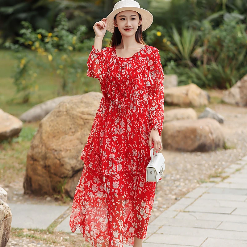 拜占庭的森林印花真丝裙气质时尚轻盈飘逸收腰气质桑蚕丝连衣裙女