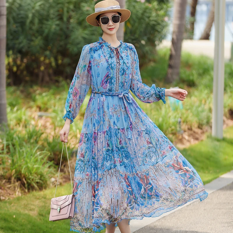 拜占庭的森林印花桑蚕丝连衣裙气质年轻款宽松收腰碎花度假中长款