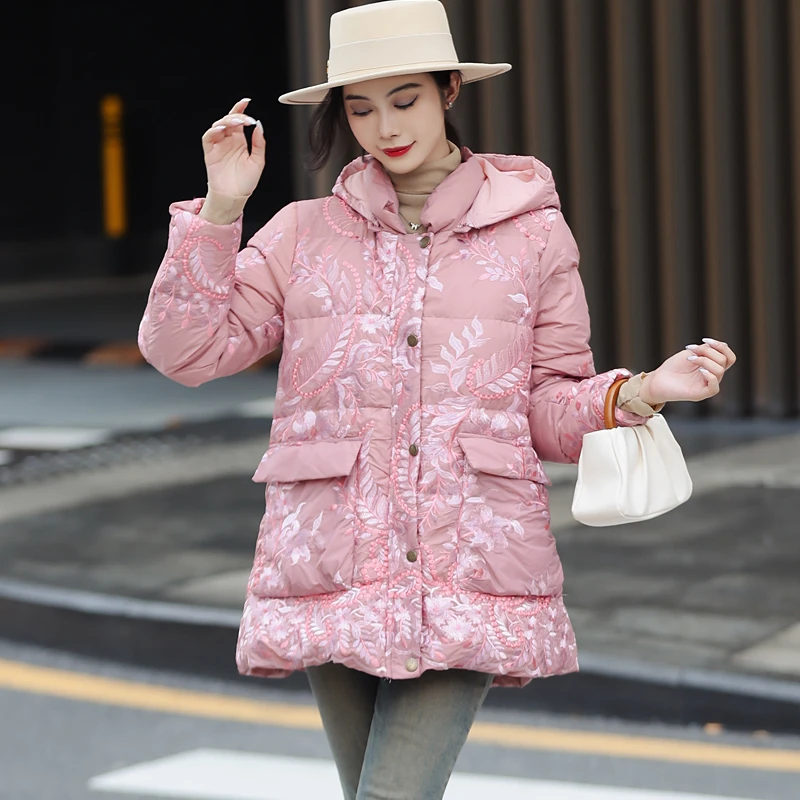拜占庭的森林白鸭绒羽绒服女高档轻奢刺绣轻薄保暖百搭中长款外套