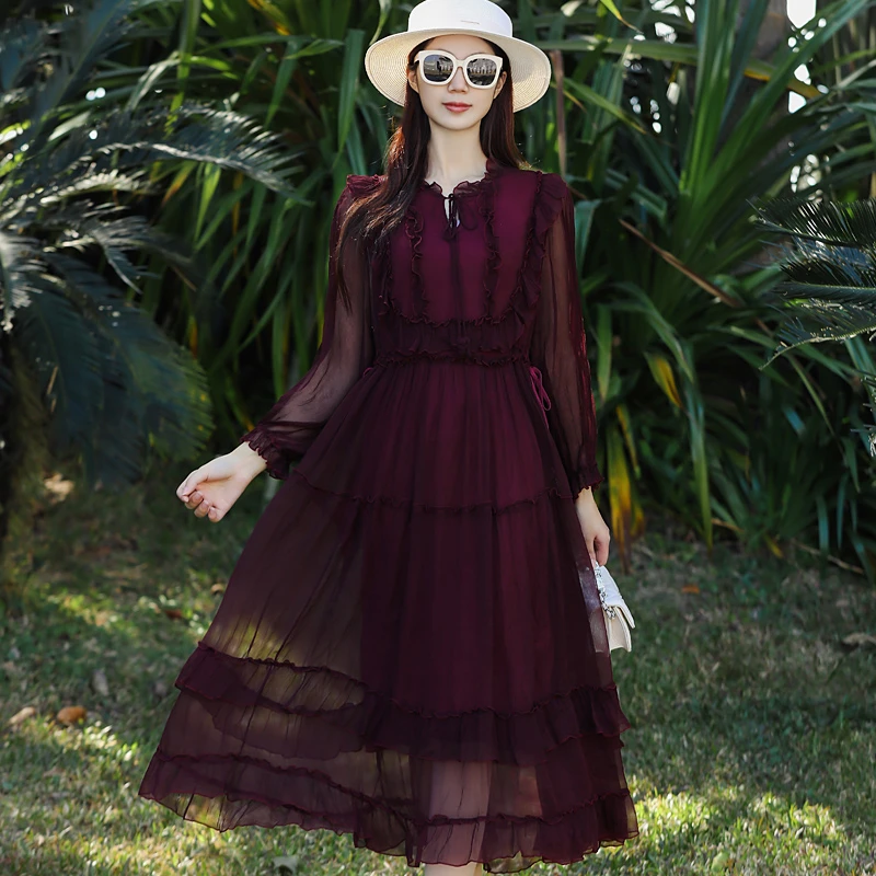 气质桑蚕丝连衣裙女贵夫人妈妈高贵上档次宽松收腰显瘦气质沙滩裙