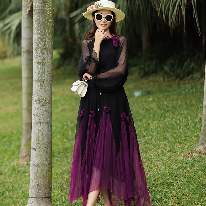 拜占庭的森林桑蚕丝连衣裙女高级感轻奢优雅气质宽松显瘦度假长裙