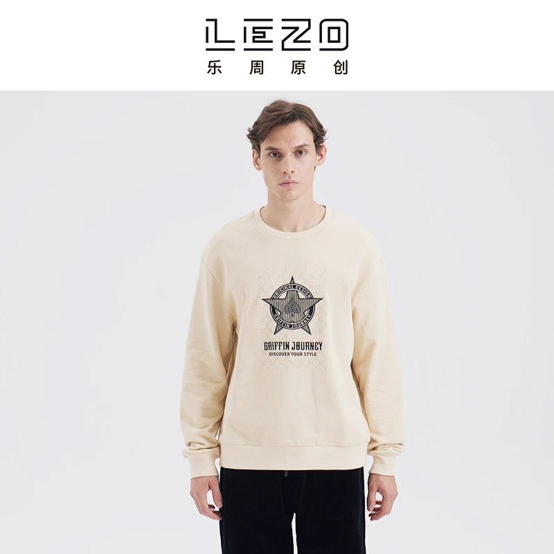 LEZO乐周原创 男秋冬百搭时尚圆领卫衣 923313183 卡其色