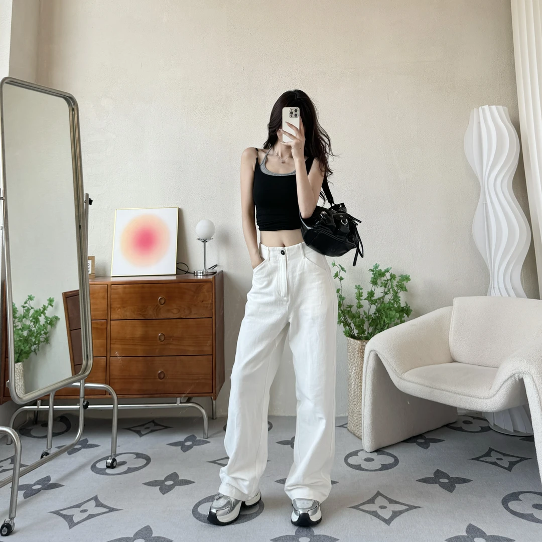 春夏直筒高腰白色宽松显瘦阔腿裤女半松紧腰轻薄休闲白麻长裤