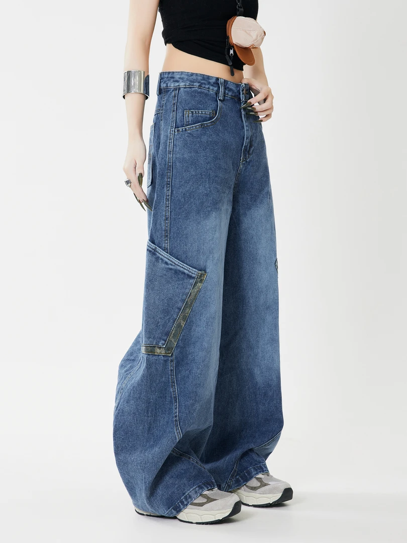 UNOTOBE 美式高街复古豹纹拼接情侣休闲宽松弯刀裤长裤