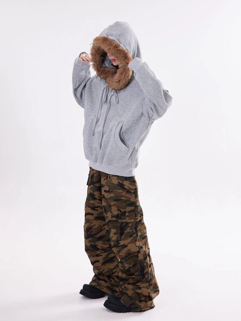 UNOTOBE 美式复古休闲毛领拼接加绒宽松情侣连帽卫衣保暖秋冬