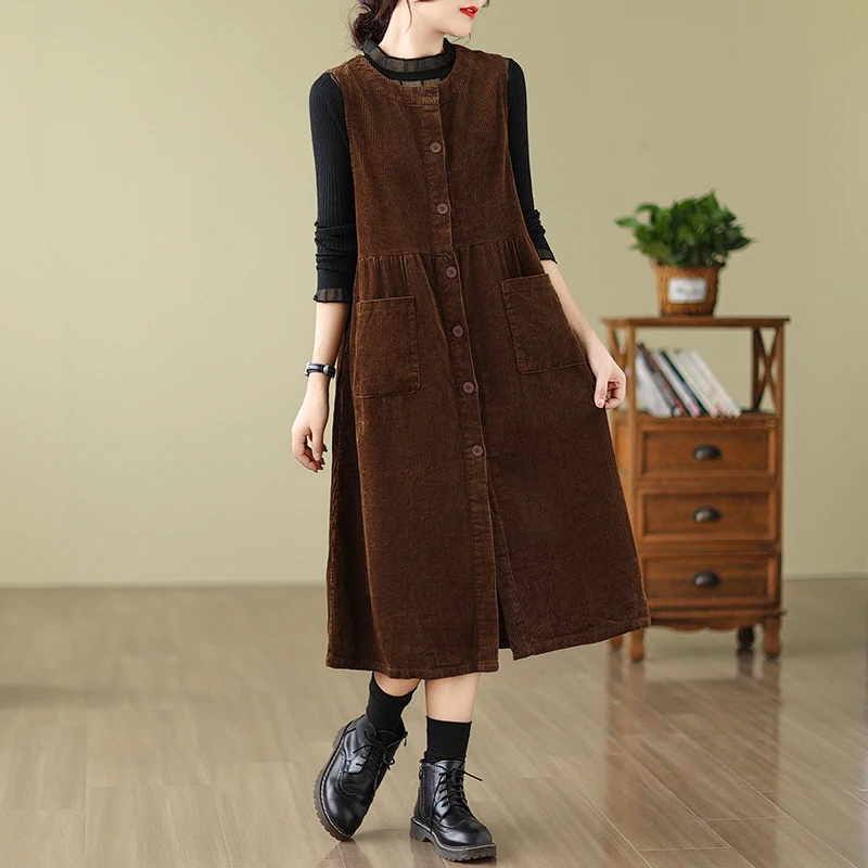秋冬纯色休闲全棉灯芯绒背心裙复古口袋开衫连衣裙洋气长裙女