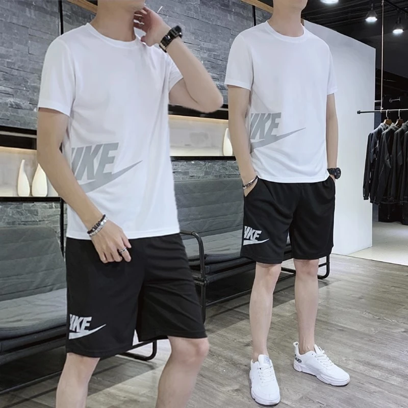 运动套装男夏季短袖T恤休闲短裤两件套夏装宽松速干健身男装男士