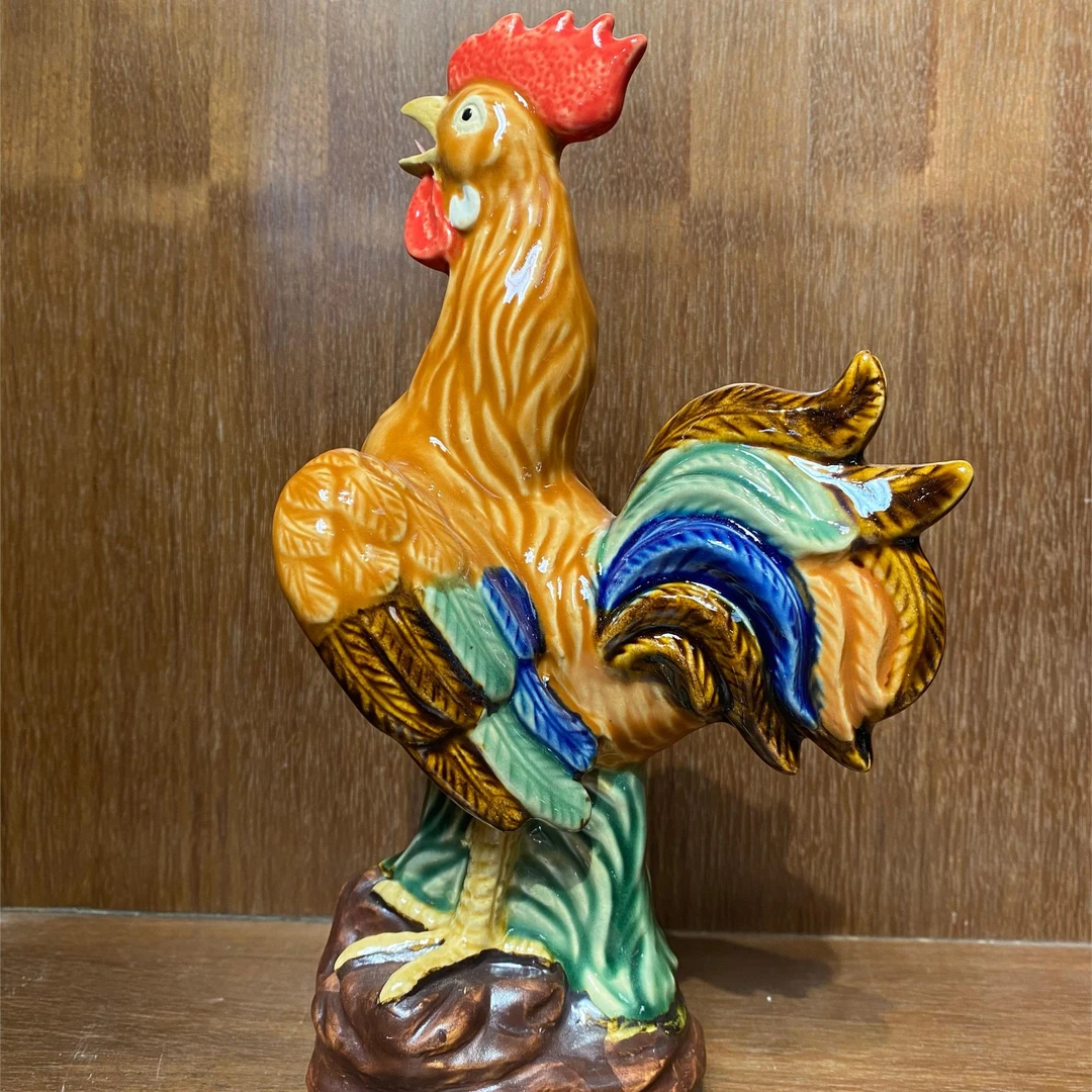 八寸七彩雄鸡陶瓷摆件手工创意摆设