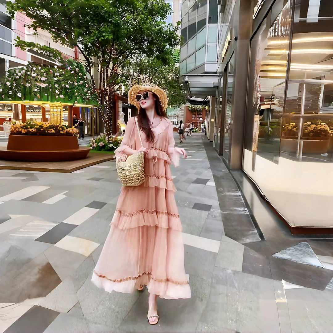 夏季新款100桑蚕丝层层裙气质长款连衣裙女香槟色