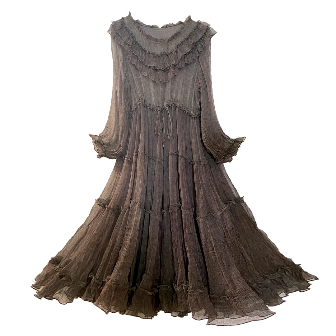 新款纯色净版法式连衣裙桑蚕丝气质复古连衣裙女