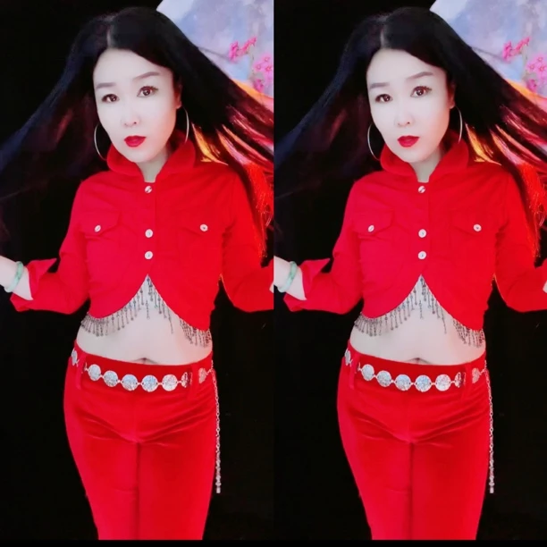 红色纽扣上衣微喇长裤套装