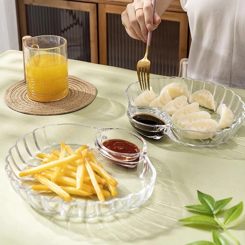 耐高温玻璃饺子盘带醋碟家用水饺专用盘贝壳菜盘虾盘分格创意平盘