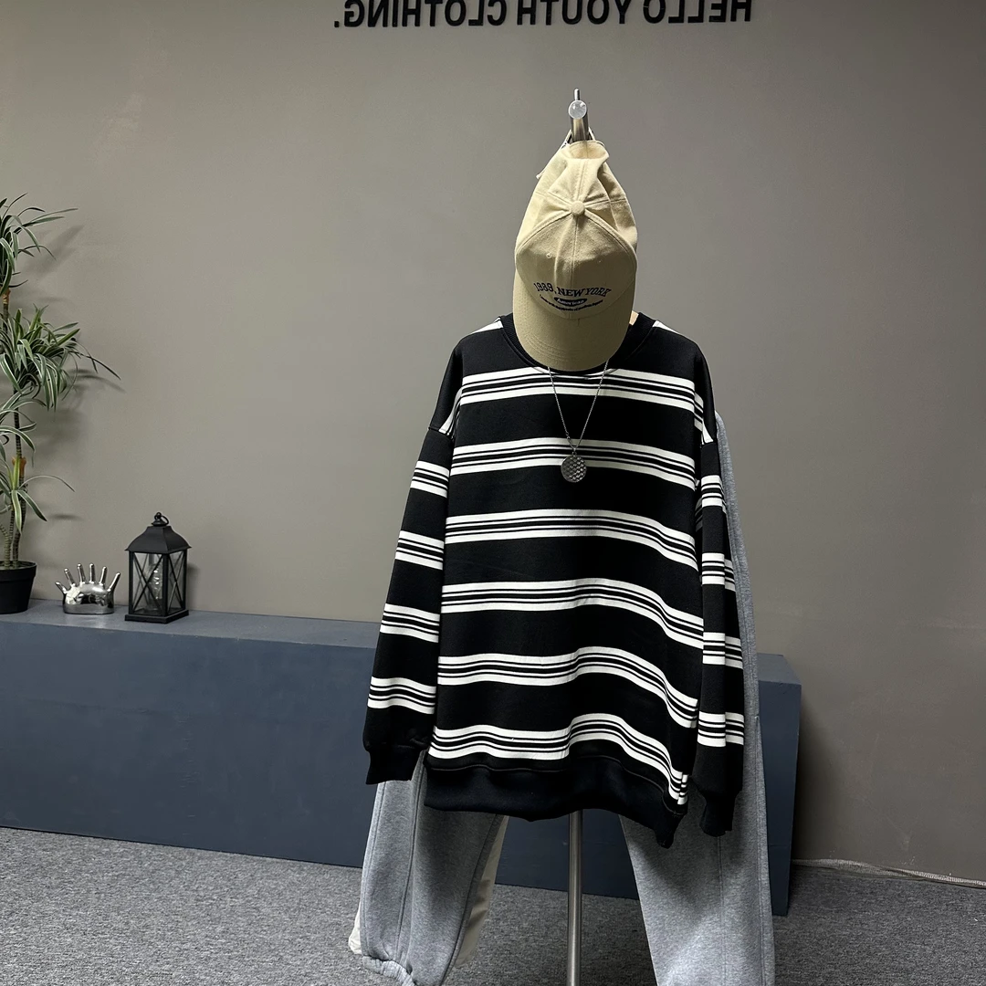 青少年加绒圆领条纹卫衣宽松亲子装百搭时尚潮流