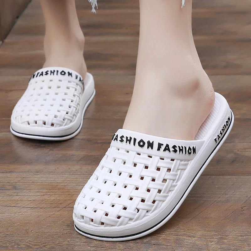 拖鞋女士家用室内防滑耐磨平底镂空包头半拖懒人一脚蹬时尚一字拖