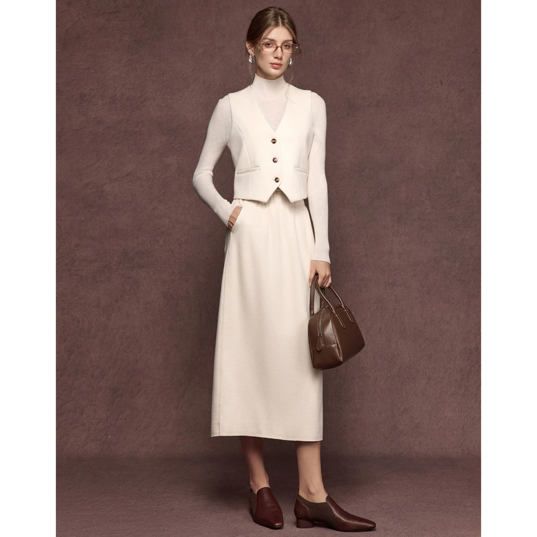 高奢毛呢套装，立裁马甲高腰直筒修身半身裙秋冬显瘦时尚法式优雅