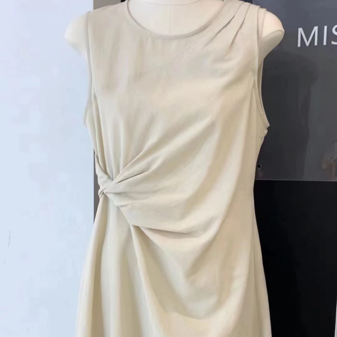 2024年亚麻气质白色百搭夏季无袖不规则简约时尚显瘦长款连衣裙