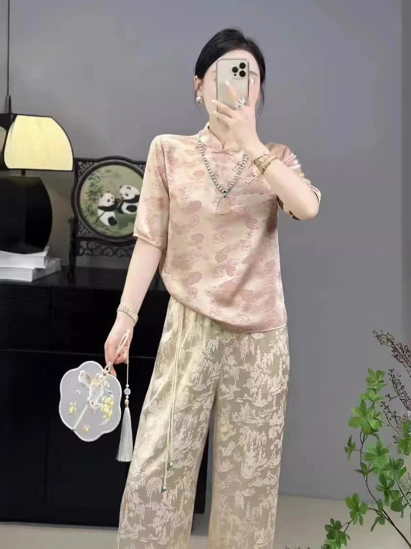 2024年夏季复古宽松减龄显瘦气质网红时尚中式中国风提花圆领上衣