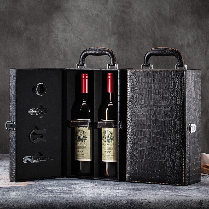 典歌新款黑色红酒礼盒包装盒双支红酒皮箱子空盒包装盒高档红酒箱