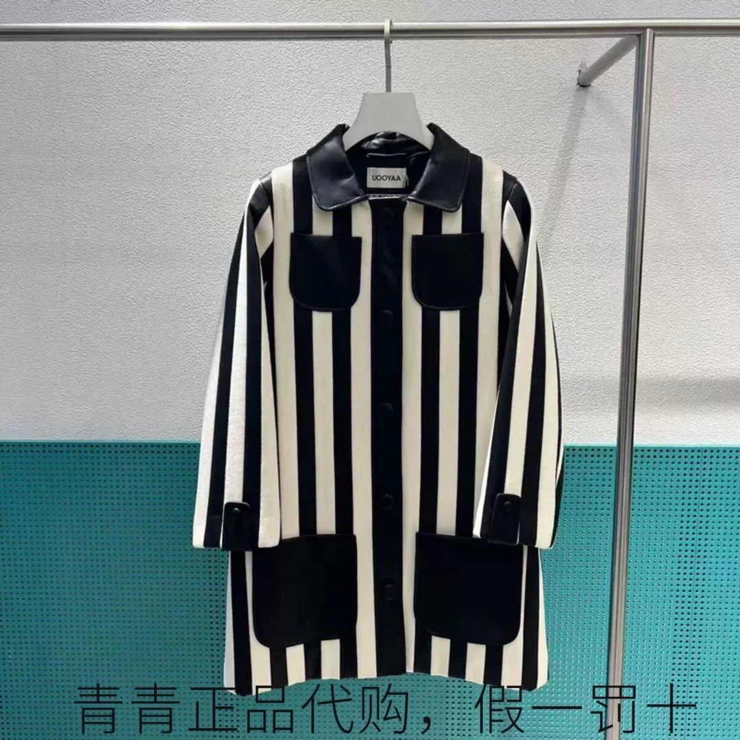 新款拼色条纹单排扣外套