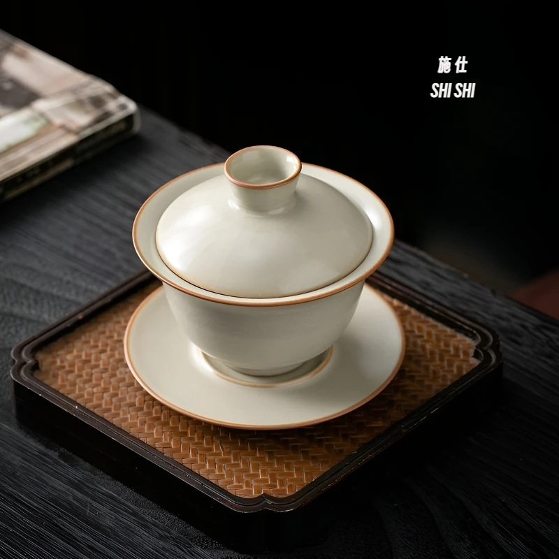 黄汝窑三才陶瓷盖碗盖碗茶单个高档防烫茶碗泡茶家用茶具开片功夫