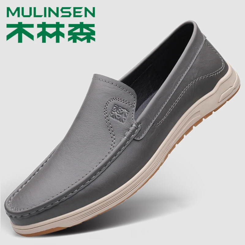 木林森头层牛皮真皮乐福鞋男夏季透气懒人一脚蹬软底休闲男士皮鞋