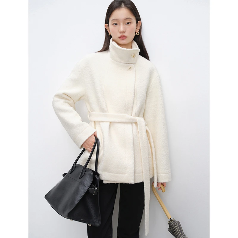 自巧小个子女装高级感短款白色立领羊毛外套毛呢大衣 24ZQ94253