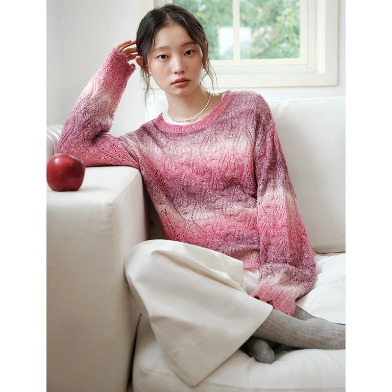 自巧小个子女装穿搭马海毛渐变波纹针织衫慵懒套头上衣24ZQ93212