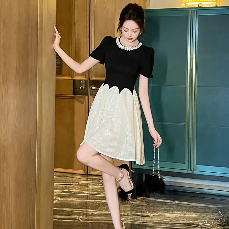 新款撞色圆领亮片复古公主显瘦收腰连衣裙65060