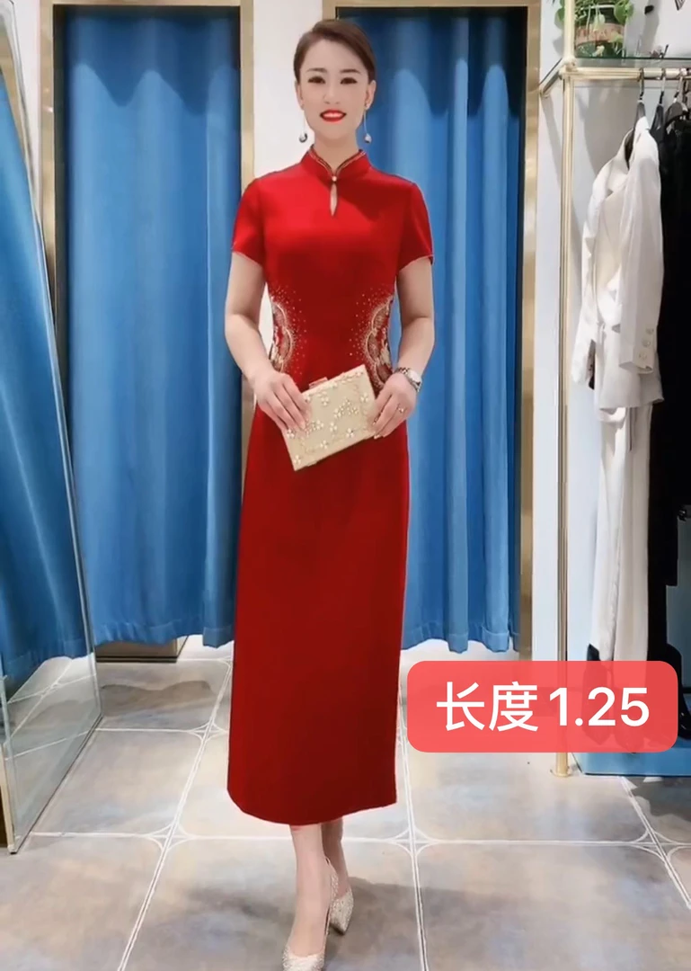 花好月圆气质款旗袍17027红色妈妈装
