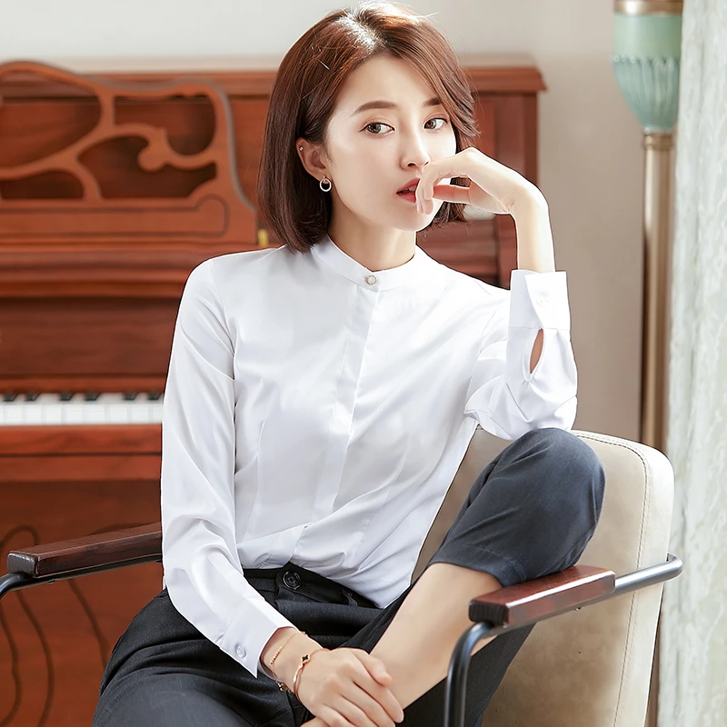 926白色衬衫竹纤维立领衬衫女白色职业衬衣女工作服工装上衣长袖