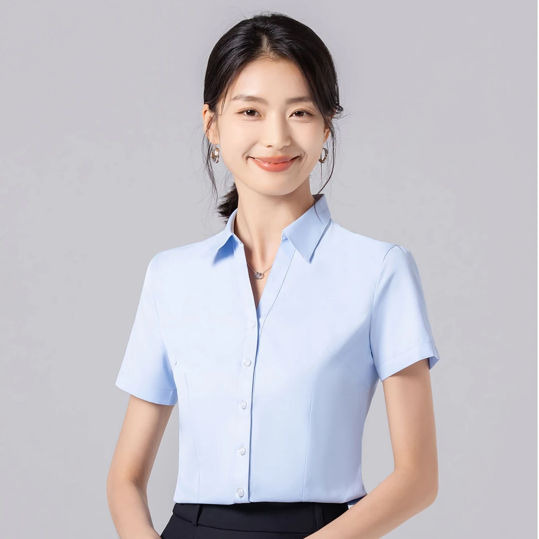 H1802平纹职业女士夏季短袖V领衬衫白色面试上班工作服时尚上衣