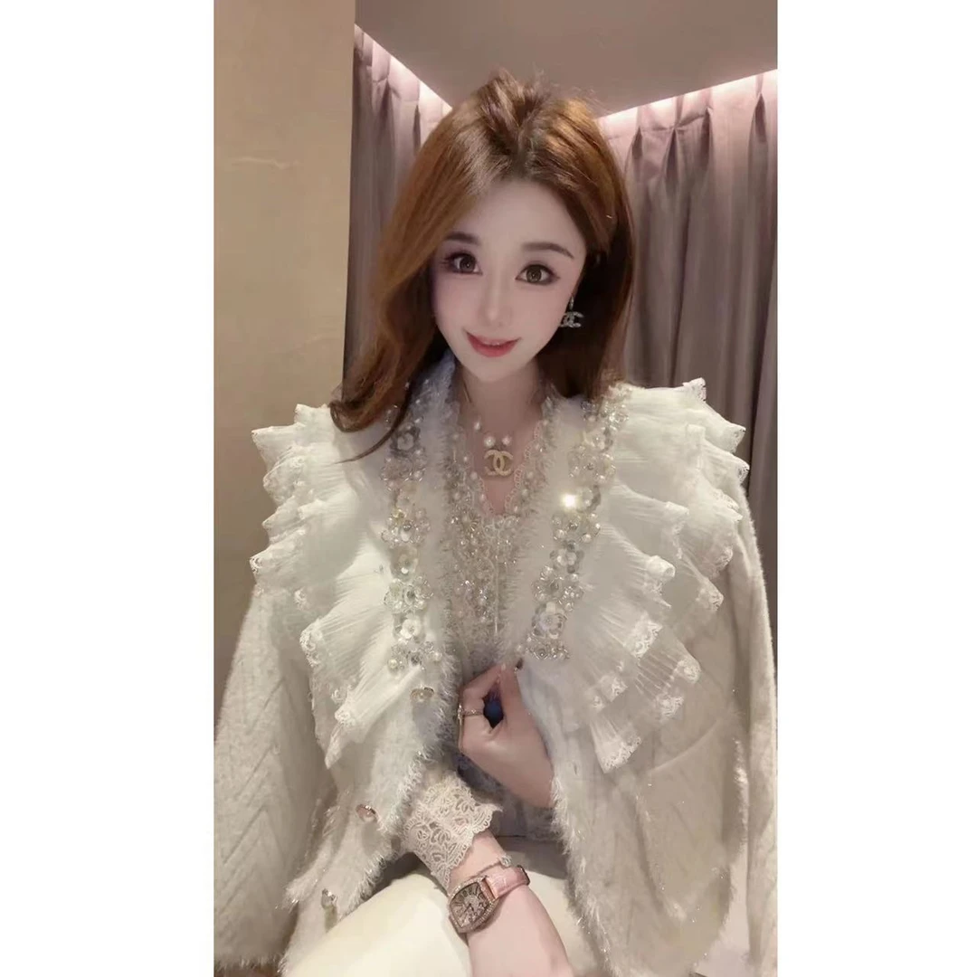 JY&JY橙子大大【心动可寻】重工钉珠蕾丝花边毛毛外套 15597