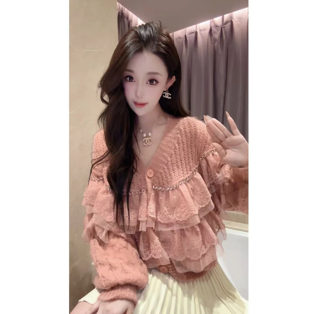 JY&JY橙子大大【云朵清欢】重工钉珠蕾丝边开衫毛衣上衣 15959