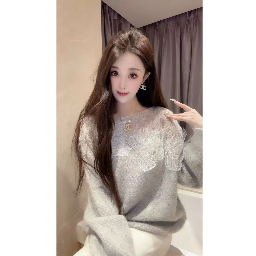 JY&JY橙子大大【石岩上的花】气质百搭轻奢保暖花朵毛衣上衣 16042