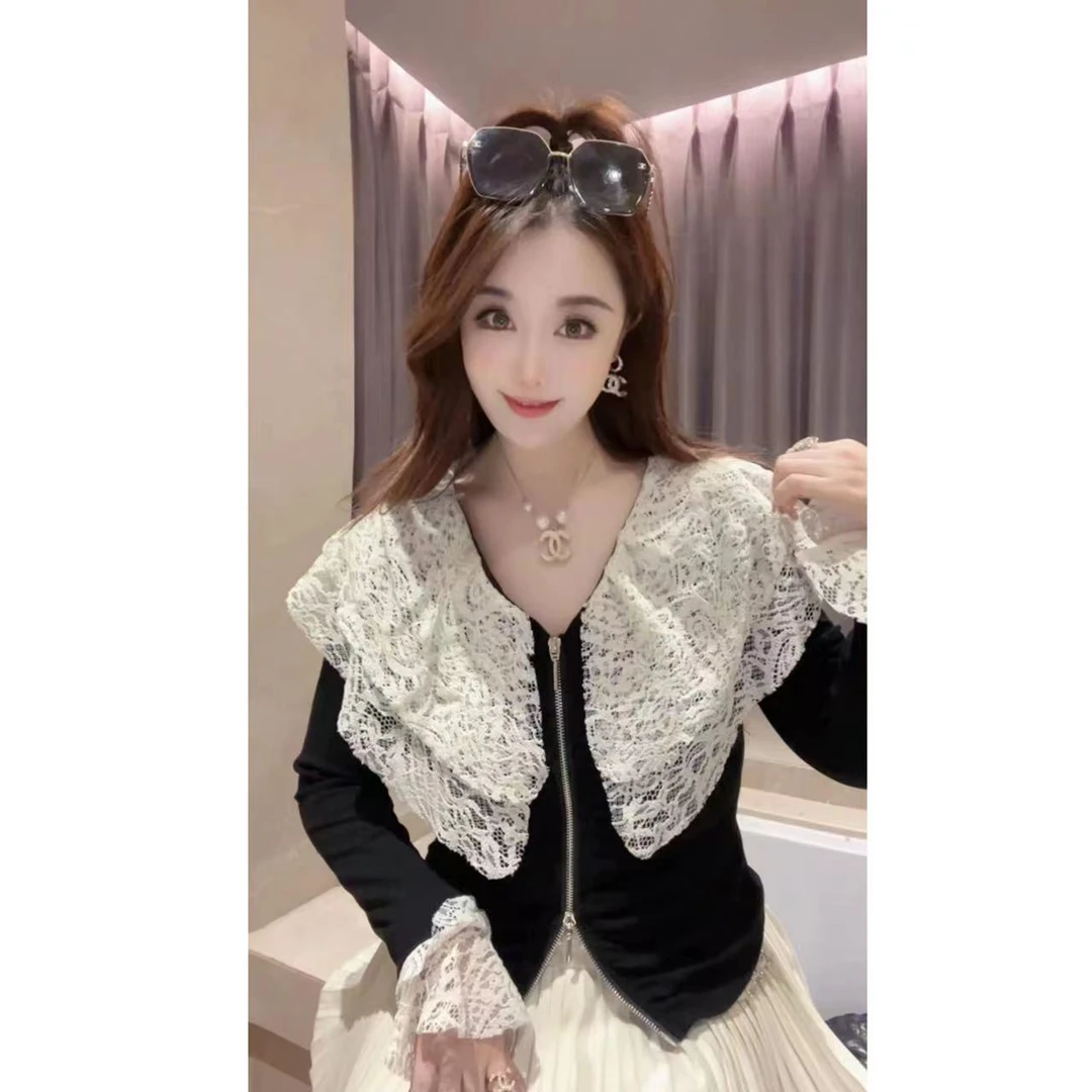 JY&JY橙子大大【水墨画廊】轻奢蕾丝翻领袖子拼接拉链上衣 15365