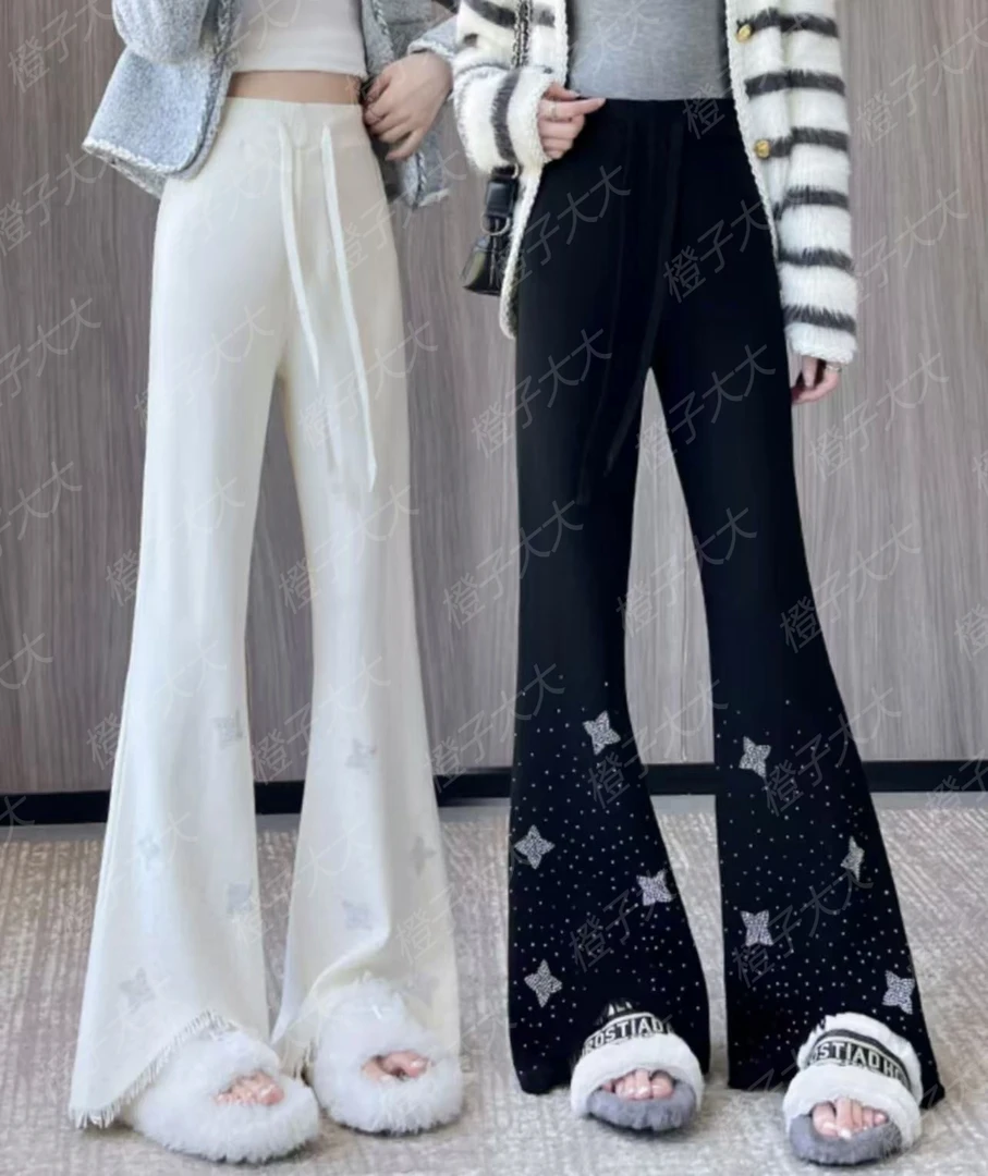 JY&JY橙子大大【星星亮晶晶】重工烫钻不规则裤脚微喇休闲裤 16000