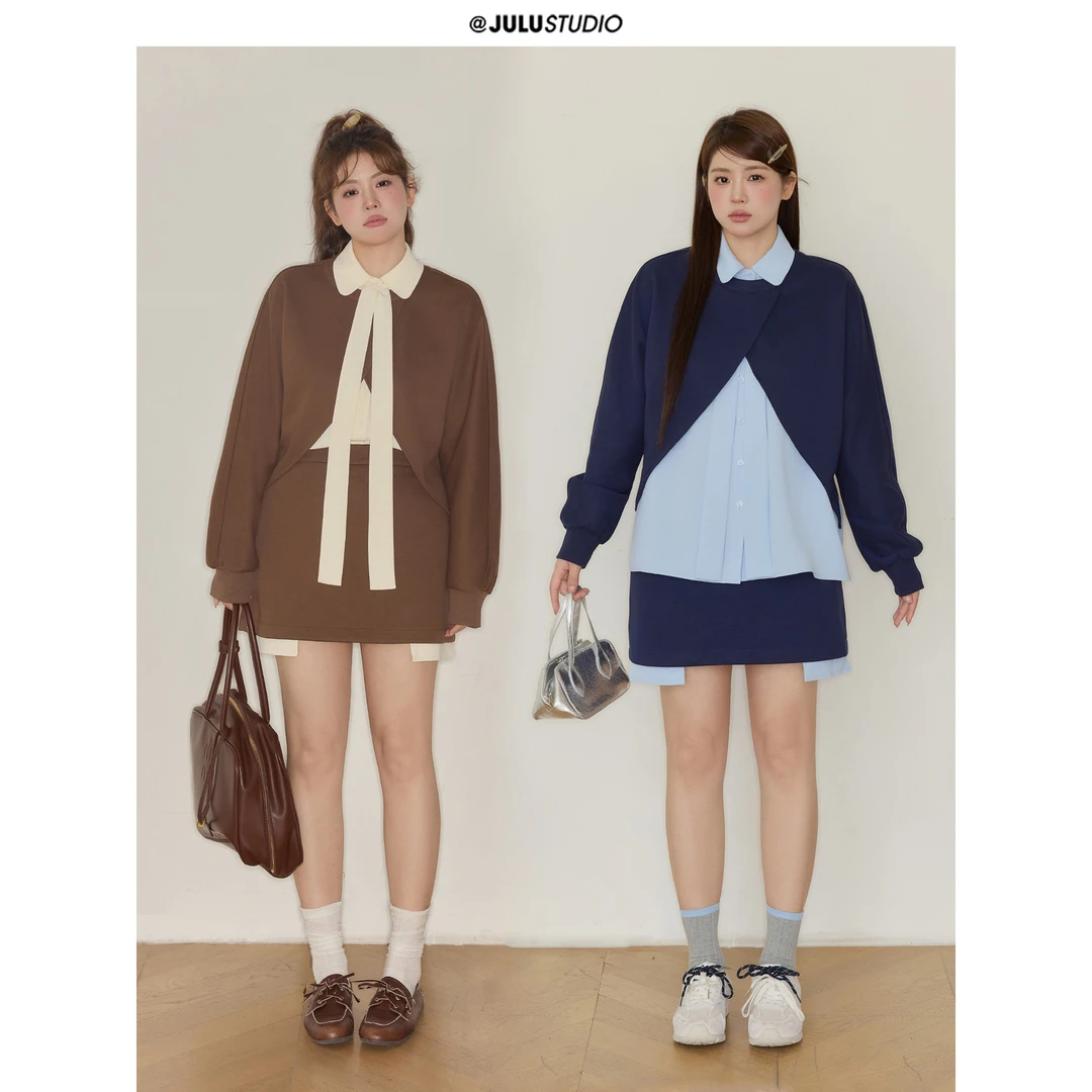 巨鹿工作室“蓝城旧刊”微胖mm不规则设计感卫衣衬衫半裙大码套装