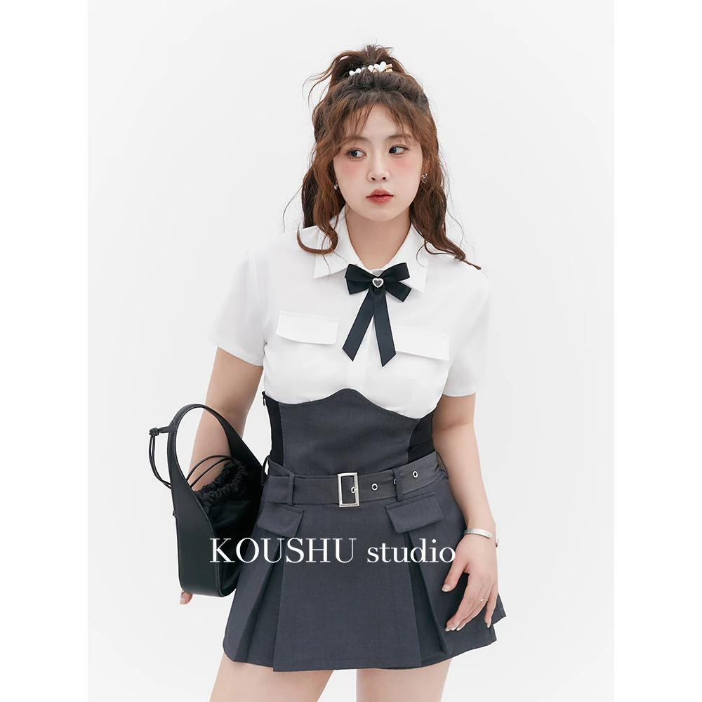 鬼马少女/学院风套装女夏短袖衬衫收腰A字百褶裙