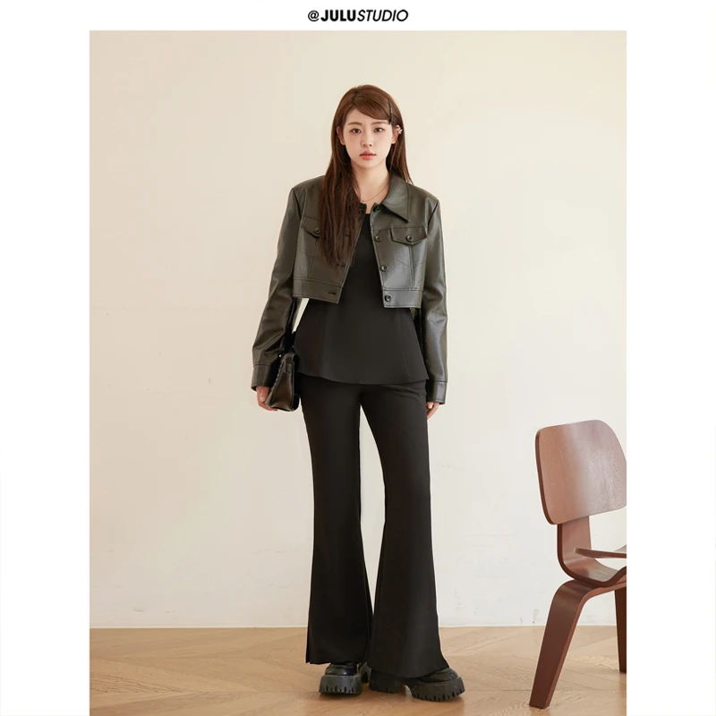 巨鹿工作室微胖mm“时髦秀场”利落酷飒短皮衣外套吊带两件套