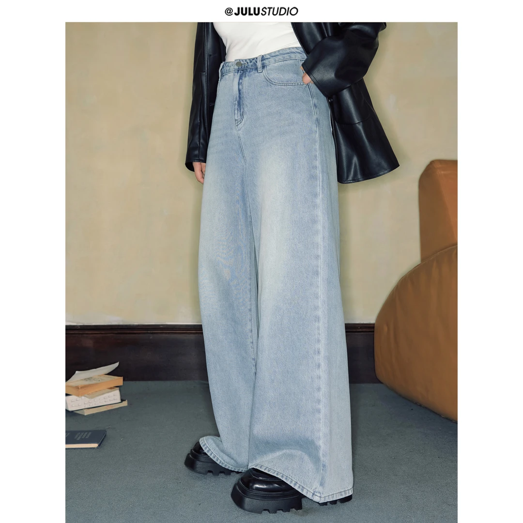 巨鹿工作室“随心黄泥蓝”微胖mm复古摩登水洗直筒长裤大码牛仔裤