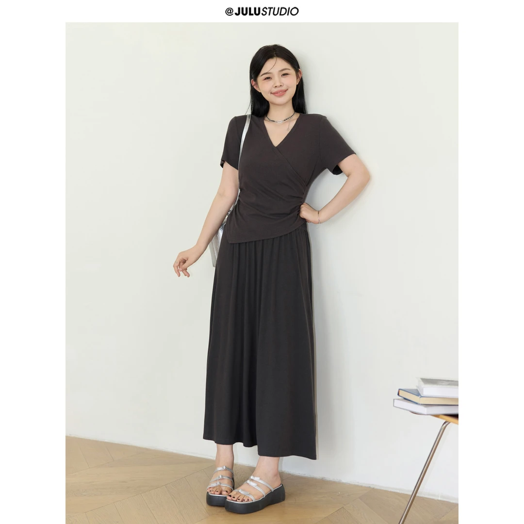 巨鹿工作室“荒野冷岛”微胖mm糯唧唧显瘦短袖T恤半身裙大码套装