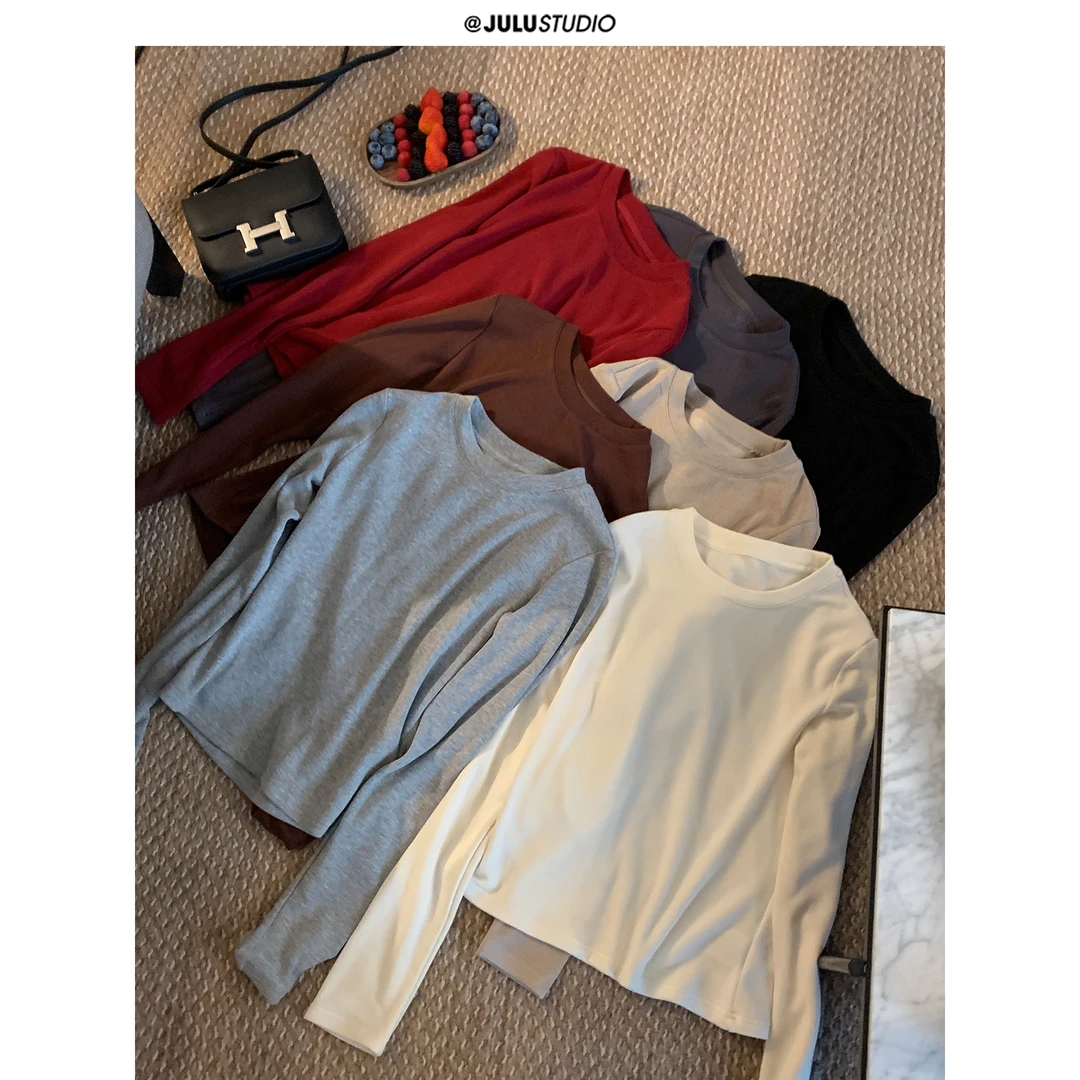 巨鹿工作室“口碑款!万能百搭1.0”微胖mm圆领打底衫大码长袖上衣