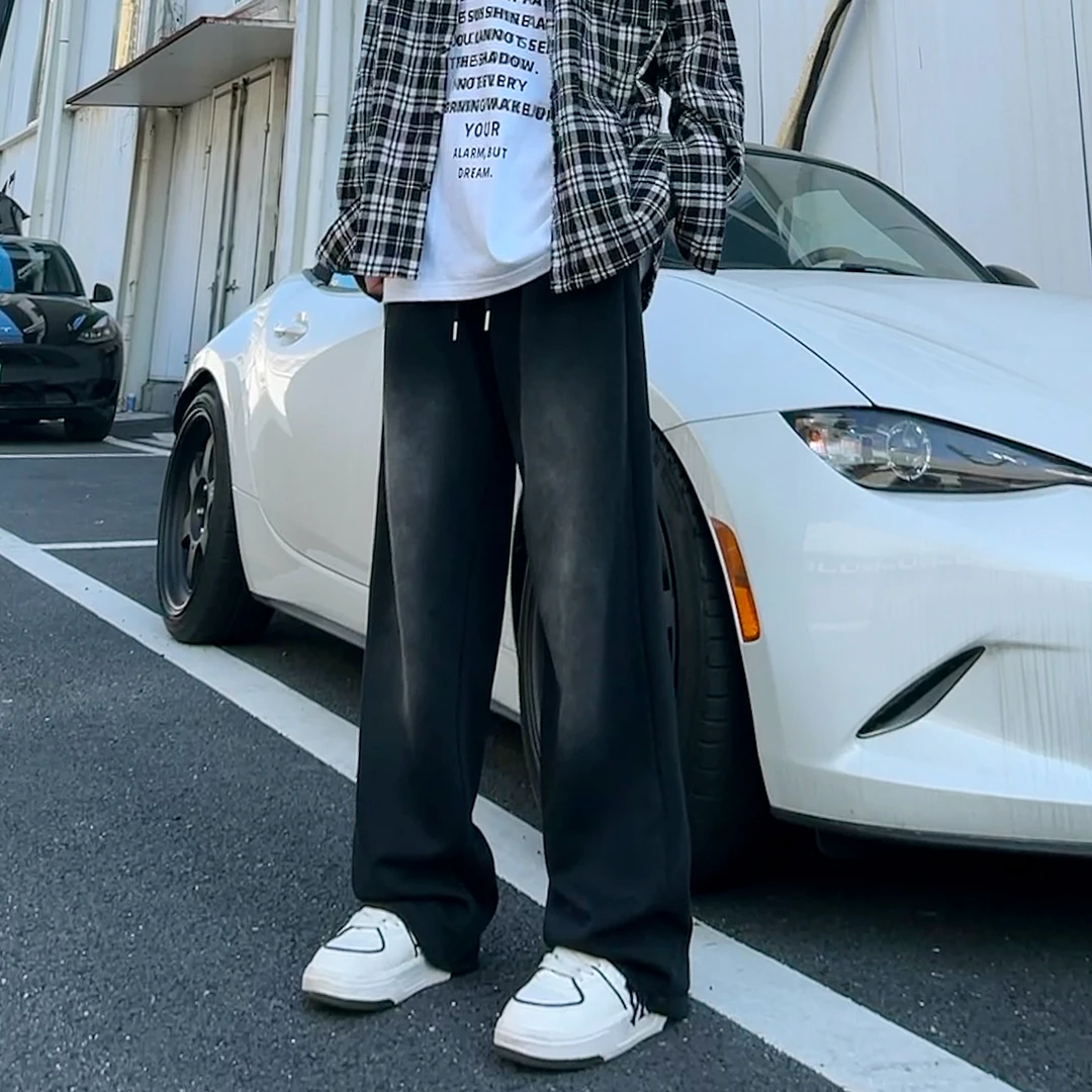 美式复古重磅水洗做旧宽松直筒垂感卫裤男女ins松紧腰休闲长裤潮