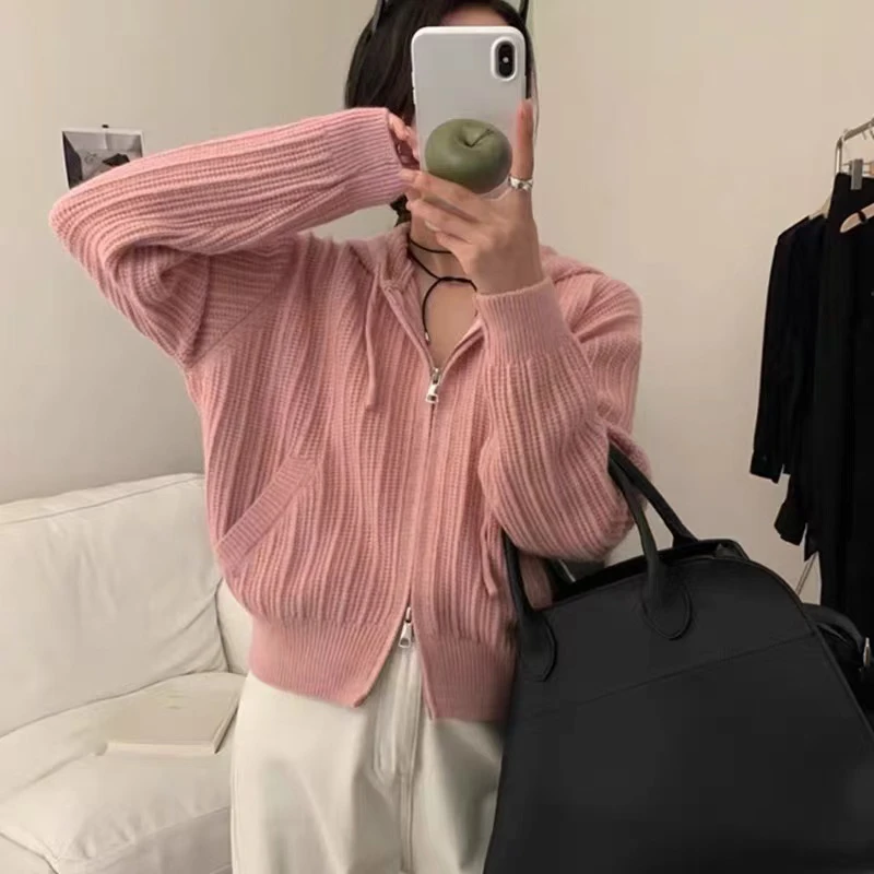 韩系设计感拉链连帽针织开衫女2024毛衣外套秋冬慵懒上衣 1220