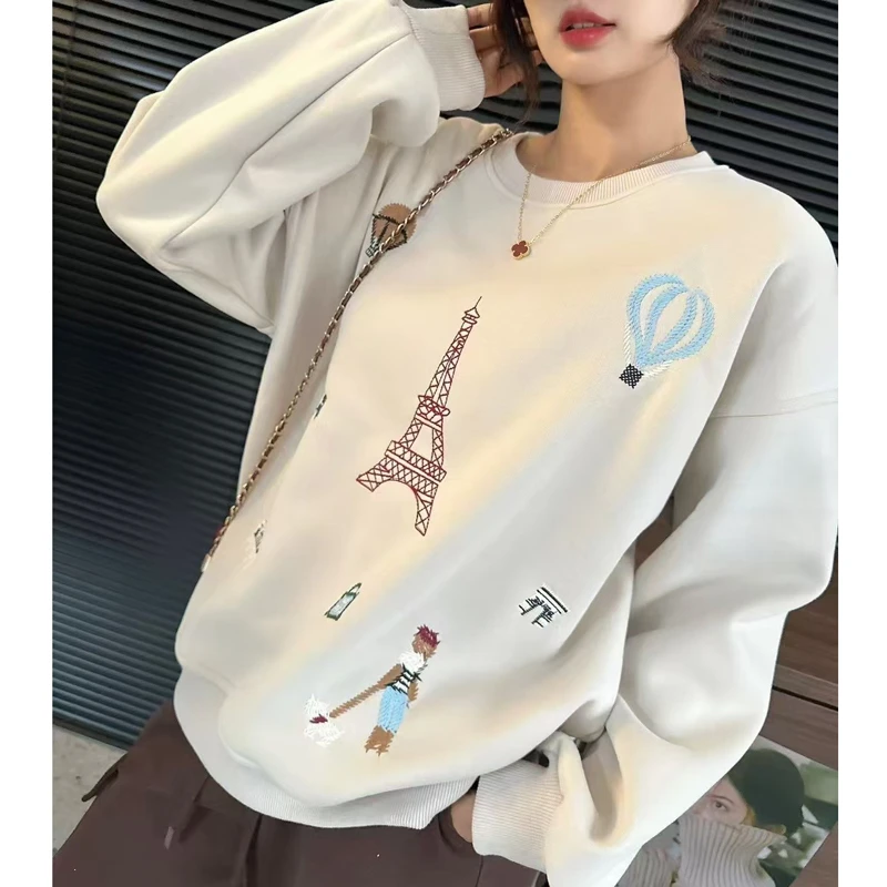 刺绣加绒高品卫衣女新款宽松显瘦圆领上衣时尚休闲百搭潮 3263