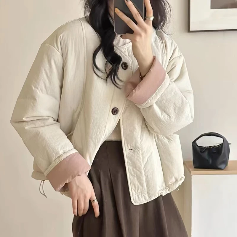 撞色圆领棉服外套女2024冬新款高级感单排扣轻薄夹棉小棉袄 3551