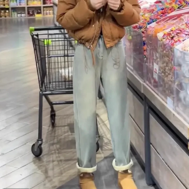 梦中情裤冬季加绒保暖阔腿裤高腰显瘦窄版休闲时尚烟管牛仔裤2522